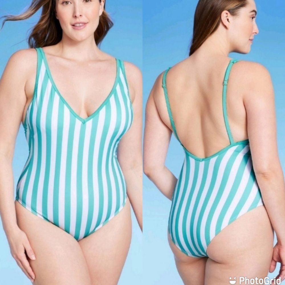 3/$20 🦋 NWOT Kona Sol One Piece Swimsuit Blue Striped Women’s 14W Plus Size - Picture 1 of 7